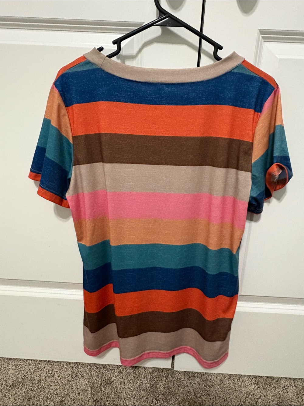 Amazon Multicolor Striped Short Sleeve Tee - Blue, Orange, Pink, Brown, Cream